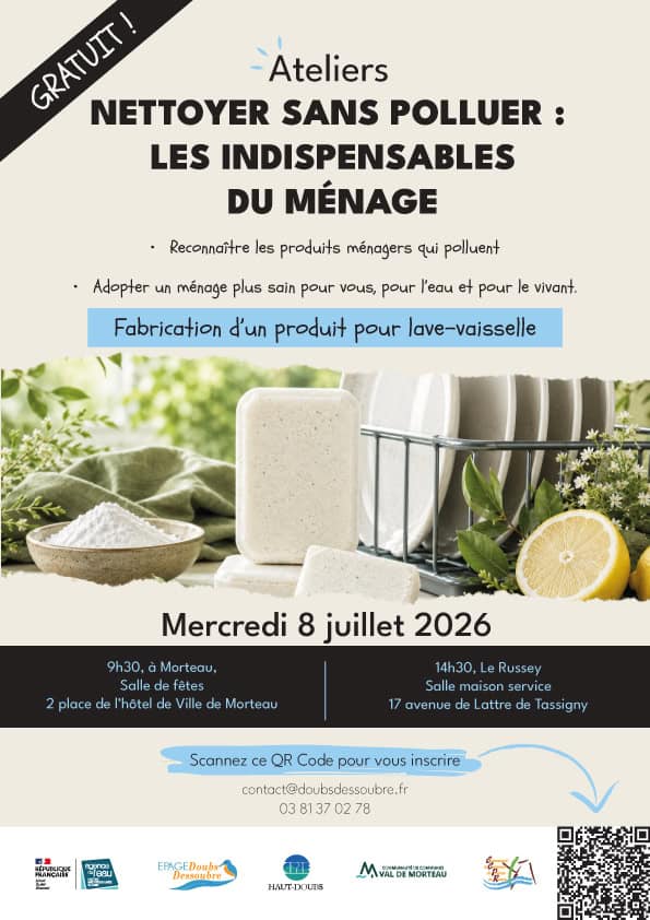 Affiche Nettoyer sans polluer : les indispensables du ménage, atelier gratuit dans le doubs, à Morteau et Le Russey